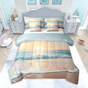 Feelyou Beach Comforter Set 7 Pieces Queen Size Sunset Ocean Sea Seagull Bedding Set for Boys Girls Natural Landscape Bed in a Bag with Comforter, Sheets, Pillowcases & Cushion Covers (Blue and Yellow) (1 queen comforter 90"x 90", 2 standard pillowcases 20"x30", 1 queen fitted sheet 60"x80"x16", 1 flat sheet 90"x102", 2 cushion covers 18"x18")