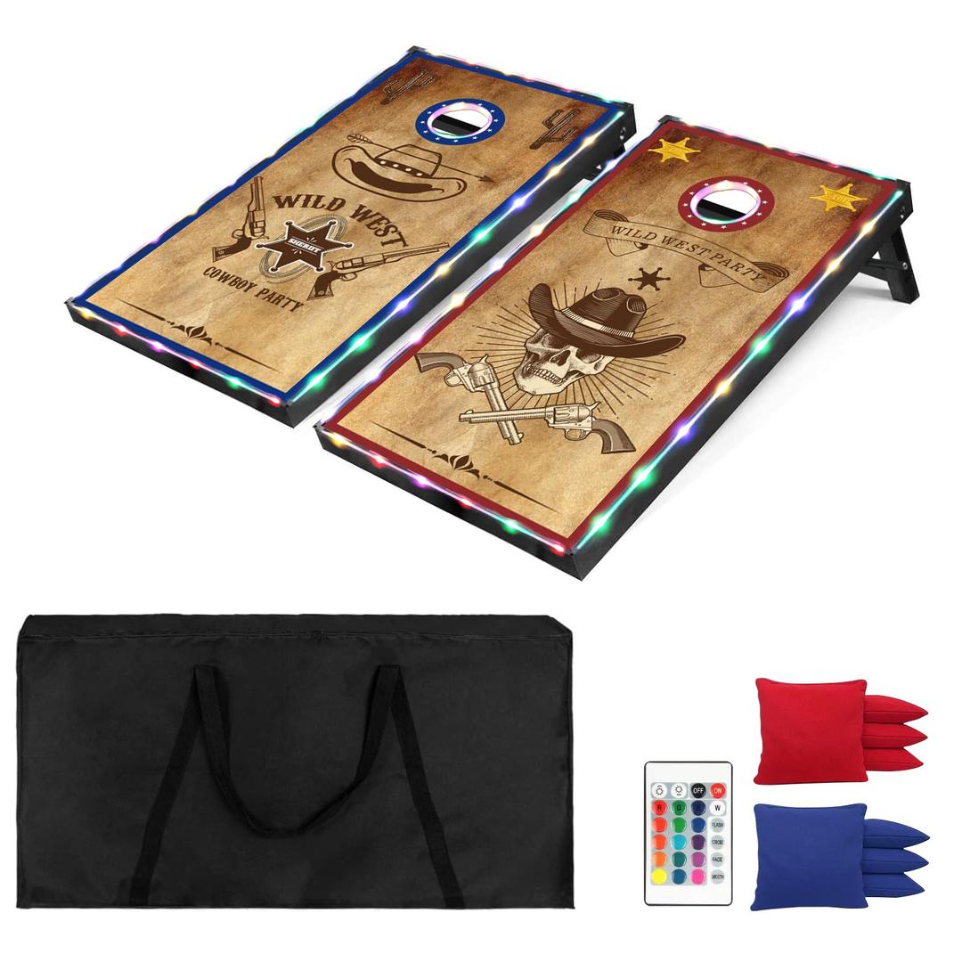 LED Cornhole Board Set, 4'x2' Cornhole Boards Game Set, Corn Hole Outdoor Game, Western Theme with Light-Up Border, 8 Bean Bags, Remote Control, Carrying Case for Backyard, Beach, Lawn