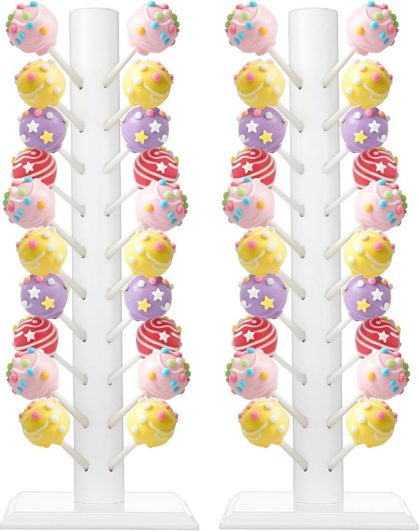 2 Pcs Wood Cake Pop and Lollipop Holder Stand, 60 Hole Dessert Table Display for Wedding, Birthday, Halloween Christmas Parties, White