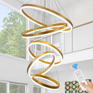 5-Rings Modern LED Chandelier Gold Dimmable High Ceiling Chandelier for Dining Room with Remote Control for Foyer Living Room Entryway Staircase(D23.6, 3000K-6500K) (Medium)