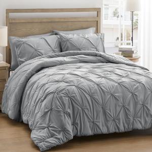 UNIKOME Queen Comforter Set Gray/Light Gray - Ultra Soft Boho Pintuck Down Alternative Bedding Set for Winter, All Seasons, 3 Pieces Lightweight Warm Pinch Pleat Bed Set with Comforter, 2 Pillowcases