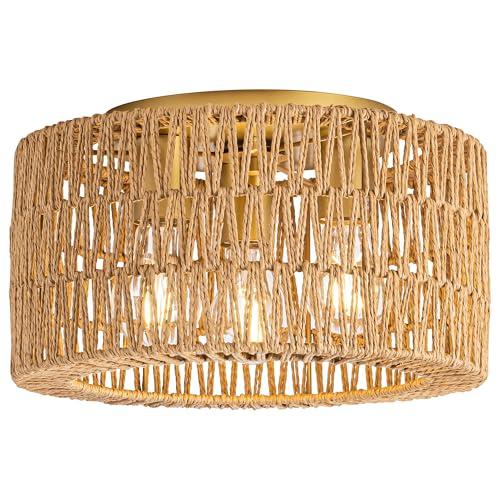 Rattan Ceiling Light Fixture, 3 Light Bohemian Modern Woven Ceiling Light, Boho Flush Mount Ceiling Light for Bedroom Living Room Dining Room, Bulb NOT Included