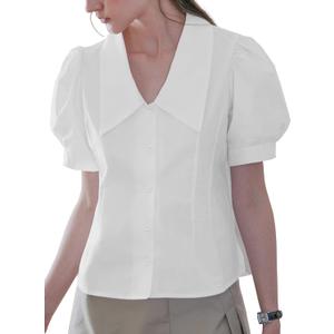 Women's Short Sleeve Button Down Shirt, Deep Collar Puff Sleeves Blouse, Pleated Waist Top for Casual & Office Wear (White, L)