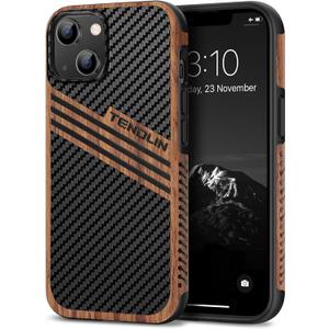 TENDLIN Compatible with iPhone 14 Case Wood Grain with Carbon Fiber Texture Design Leather Hybrid Slim Case (Three Stripe)