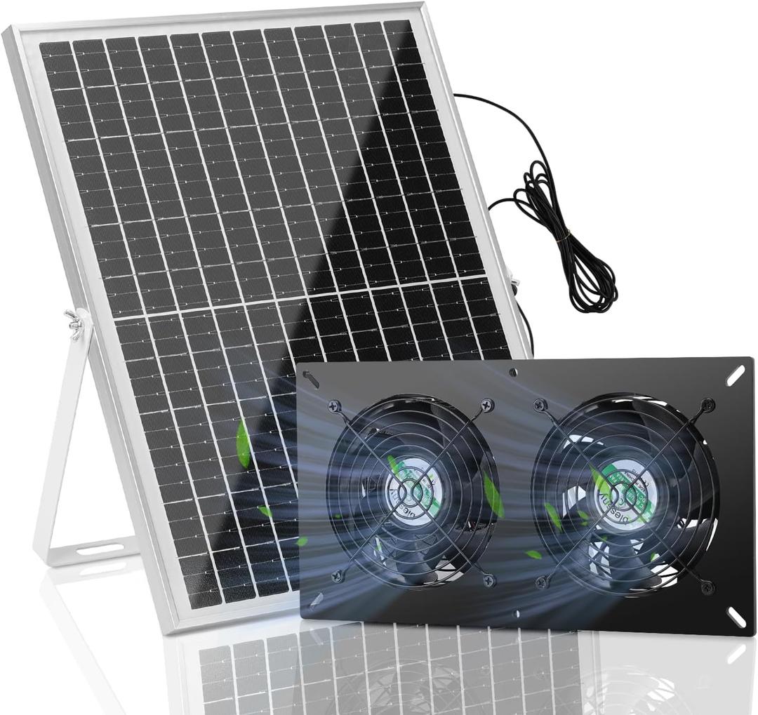 25W Solar 2 Fan Kit for Outdoor Greenhouse, Solar Powered Vent Exhaust Ventilation Fan for Chicken Coop, Shed Air Circulation, 14.7 Ft Long Cord with IP65 Weatherproof Rate