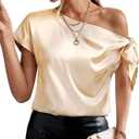 Women's 2024 Off Shoulder Satin Tops Elegant Casual Short Sleeve Asymmetrical Neck Silk Blouses Shirts (Beige, XL)