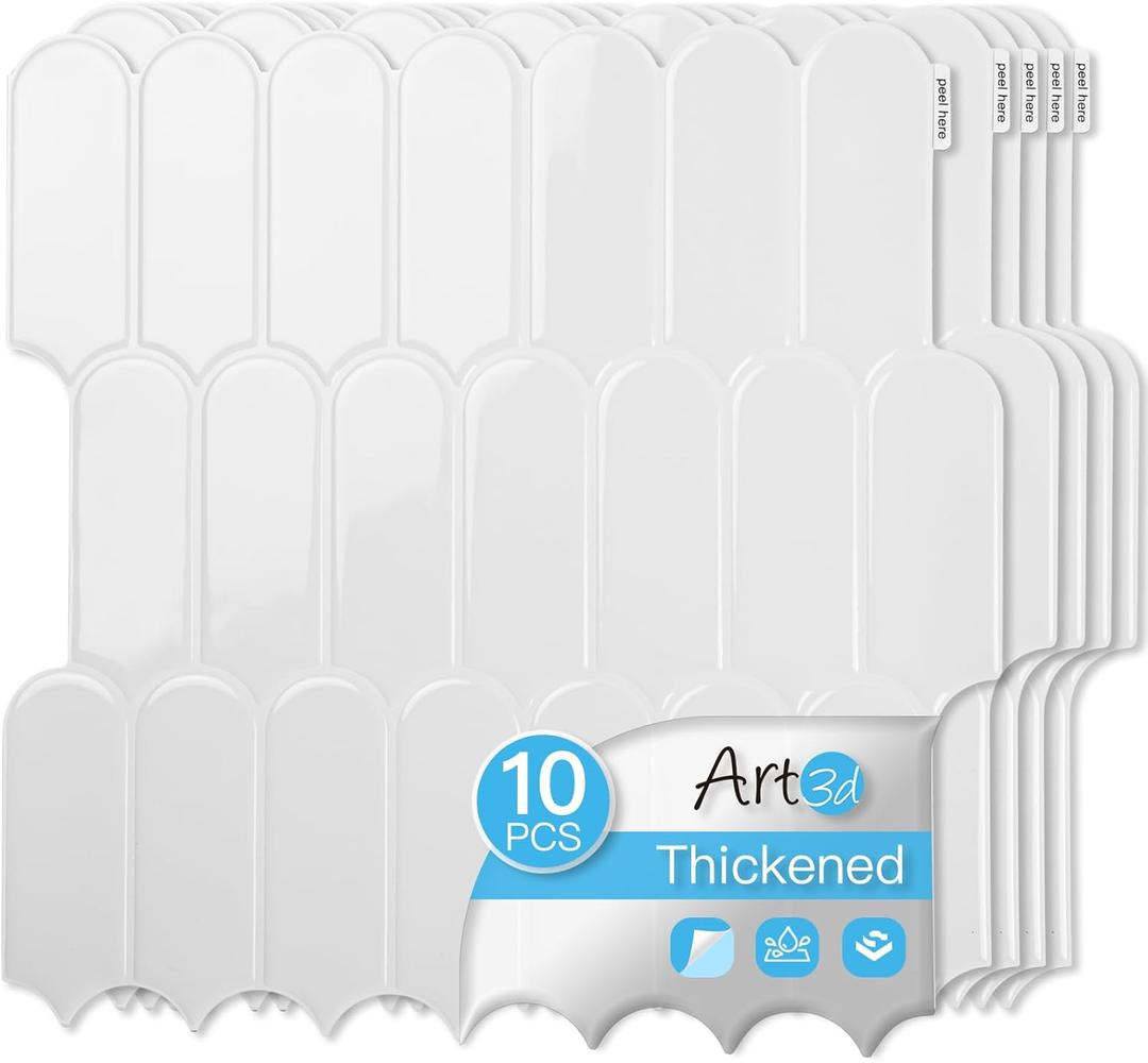 Art3d 12 x 12 Inch Heavy-Duty Peel and Stick Backsplash, Self-adhesive Wall Tiles for Kitchen Bathroom Decor, 10-Pack White