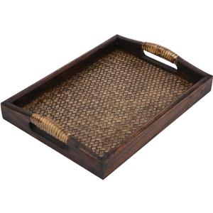 Hand-Woven Rattan Rectangular Serving Tray with Handles, 9-inch Decorative Serving Trays Platter for Breakfast, Drinks, Snack for Dining/Coffee Table