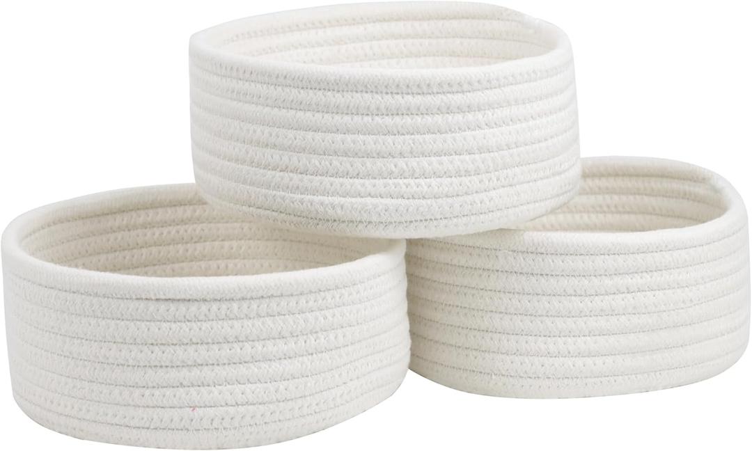 Small Basket, Set of 3 Small Woven Baskets, Cotton Rope Baskets for Organizing, Cute Mini Tiny Baskets for Nursery, Decorative Boho Round Storage Basket Bathroom Organization Bin (White)