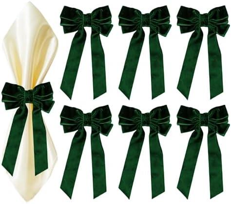 Bow Napkin Rings for Christmas, Wedding, Party, Holiday Table Decor (Dark Green, 6 pcs) 3Pack
