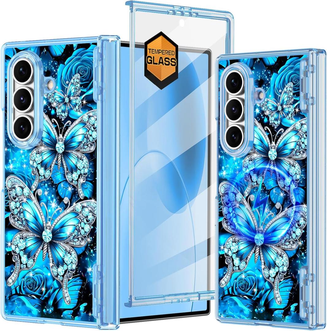 Hekodonk for Galaxy Z Fold 7 Case,[Compatible with MagSafe][Glow in The Dark][Front Screen Protector][Stand][Hinge Protection],Slim Fit for Women Girls for Samsung Galaxy Z Fold 7,Moon Blue