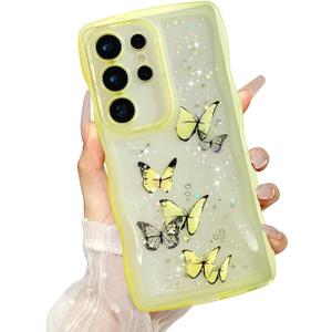 UEEBAI Wave Butterfly Case for Samsung Galaxy S25 Ultra 5G Case, Pretty Bling Star Butterfly for Women Cute Shiny Glitter Phone Cover for Girls Bling Clear Cover Curly Shockproof Girly Shell -Yellow