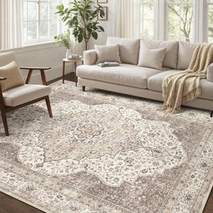 Washable Rug 9x12 Area Rugs for Living Room Bedroom Dining Room Home Office Floor Decor -Stain & Fade Resistant Non Slip Backing Carpet,Ultra-Thin Vintage Large Carpets (Brown/Beige,9'x12')