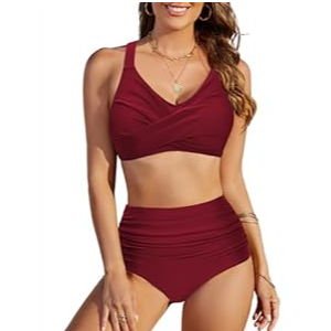 Uikue Womens High Waisted Bikini Sets Two Piece Swimsuit V Neck Twist Front Swimwear Tummy Control Full Coverage Bathing Suit( Red, XXL)