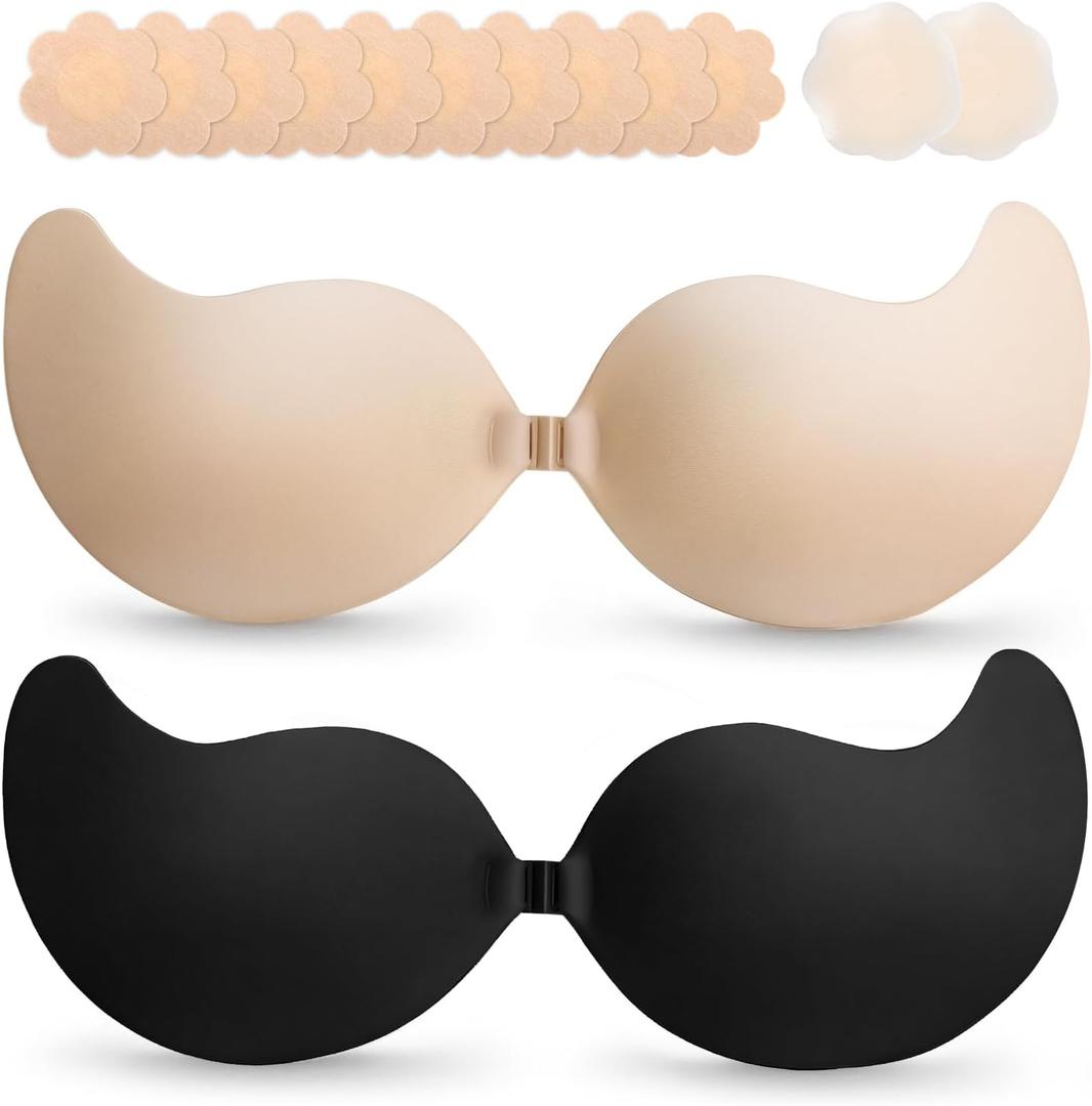 Cmojsk Strapless Sticky PushUp Bra for Women,Adhesive Invisible Backless Nipple Covers,2 Pair Black/Beige, Size D