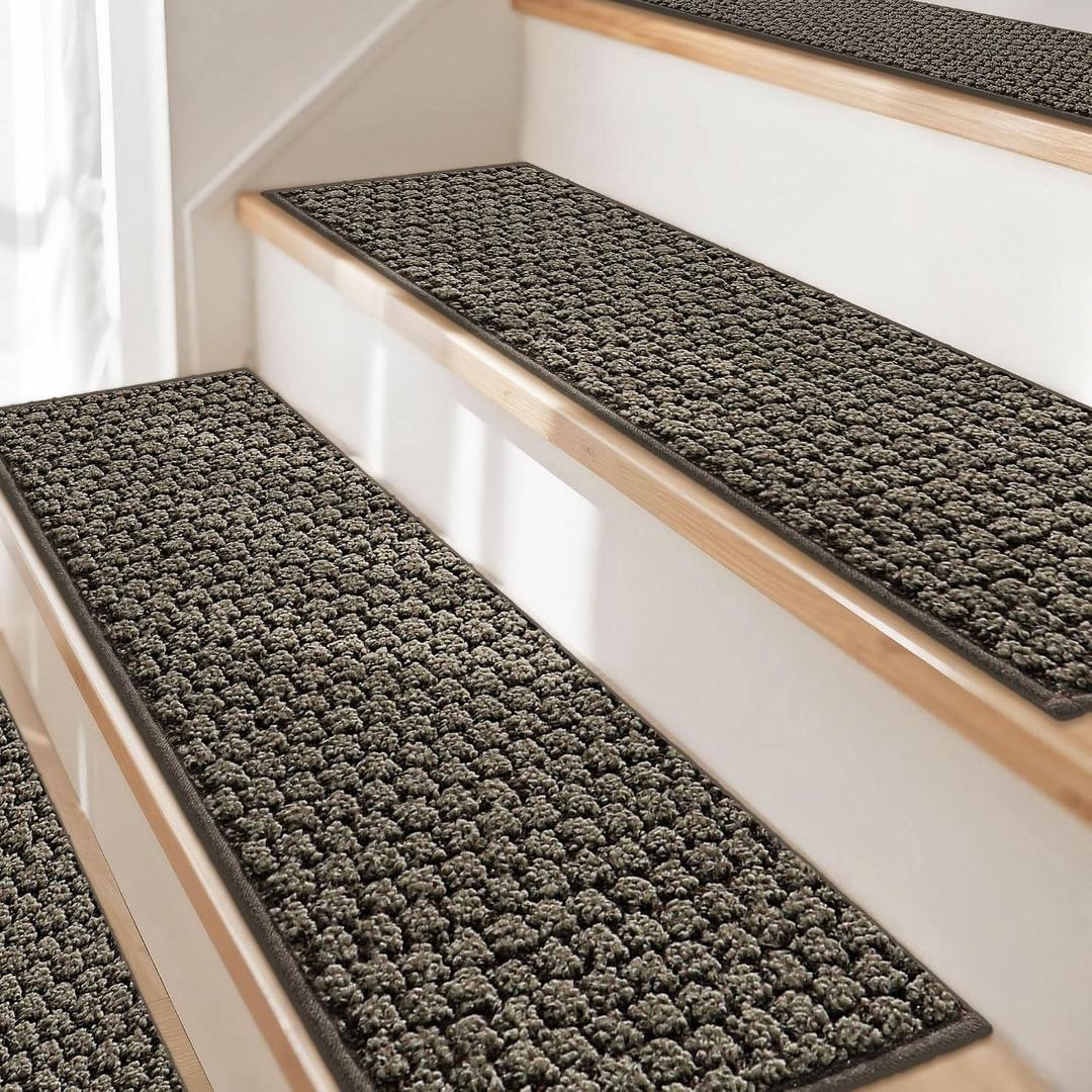 JSEI Stair Treads for Wooden Steps, 14 Pack 9" X 28" Non-Slip Machine Washable Carpet Stair Treads with TPE Backing, Soft Indoor Stair Rug Runner for Kids Elders & Pets, 100% Polyester, Greyish Brown