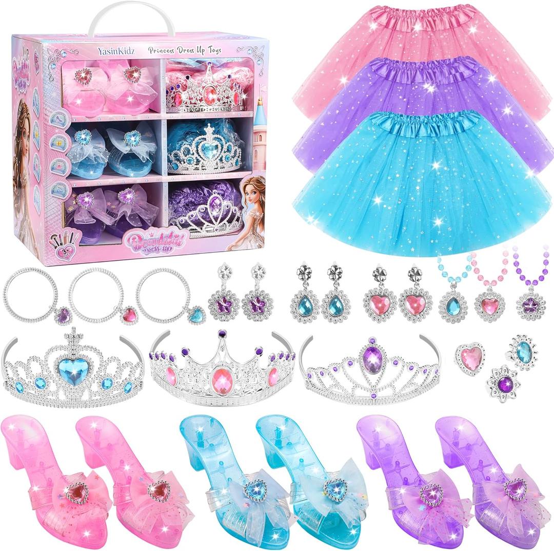 Princess Dress Up Toys, Jewelry Boutique Kit, 3 Color Skirts, Shoes, Crowns, Girls Toys for 3 4 5 6 Year Old