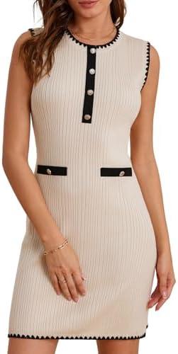 GRACE KARIN Women's 2025 Summer Sleeveless Mini Dresses Button Crew Neck Contrast Elegant Sweater Tank Dress XL