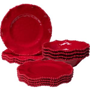 ZAROCRUS 12 pcs Christmas Holiday Melamine Dinnerware Set, Ruffled Rim With Beaded Plates and Bowls Set of 4, Lightweight yet Durable Dishes tableware Set, Ideal for parties, camping, and RV trips