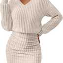 Women's Pullover Sweater Dress Long Lantern Sleeve Ribbed Knit V Neck Ruched Bodycon Mini Dress 2025 Fashion (Cream)