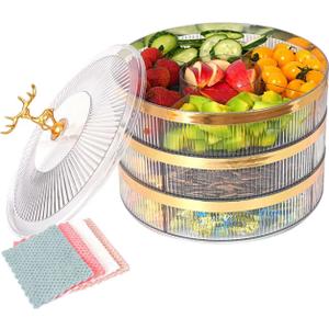 Snackle Box ContainerFruit Tray with LidDivided Serving Tray with LidSnack Tray with LidVeggie Tray with LidSet of 3 Tiers, and 4 Coral Fleece Cleaning Cloths.