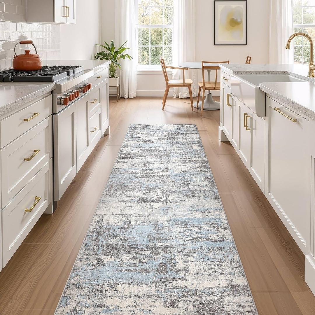 3x10 Runner Rug, Abstract Washable Hallway Rugs, Blue Grey
