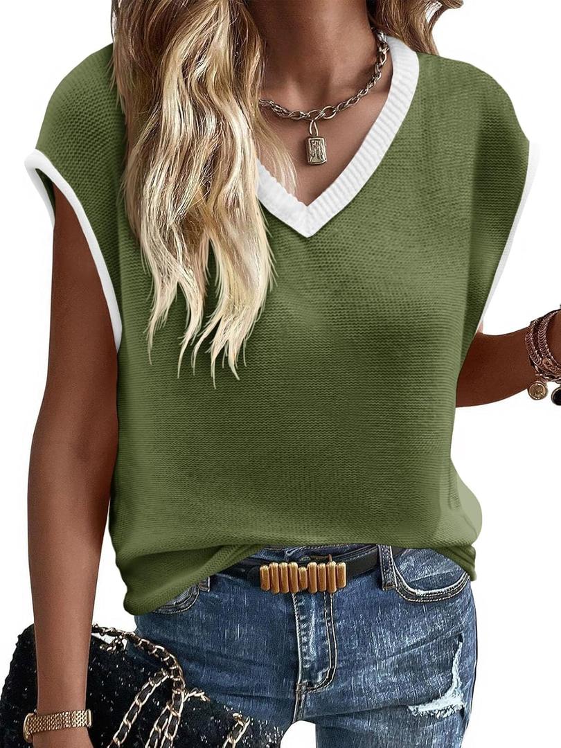 Imily Bela Summer Cap Sleeve Sweater Vest for Women Casual V Neck Sleeveless Knit Pullover Tank Tops 2025 Spring Shirts (Small, Army Green)