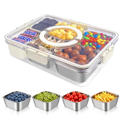 6 in 1 Snackle Box, 4 PCS Stainless Steel Snack Box and 2 PCS Plastic Box with Lid and Handle, 6 Detachable Compartment Snacklebox Divided Reusable Storage for Snacks Fruit Candy Veggie Nuts