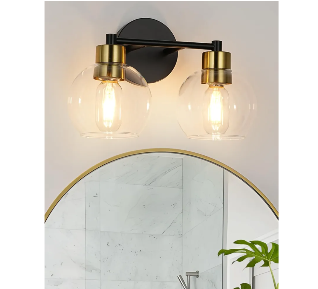 WILON 2-Light Bathroom Vanity Light Fixture Over Mirror, Black and Gold Sconces with Clear Globe Glass Shades, E26 Base Wall Lamp for Living Room Bedroom Stairway