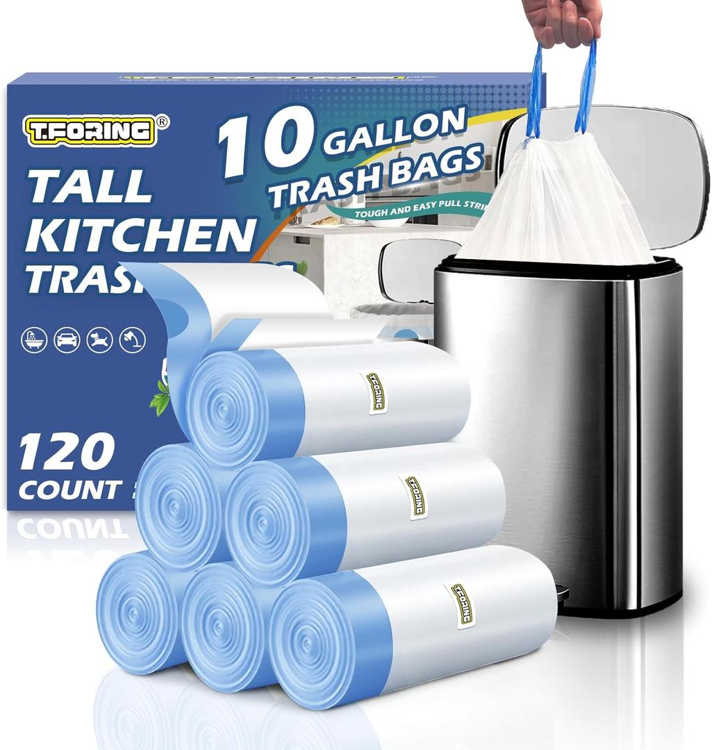10 Gallon Trash Bags with Drawstring - 120 Count Heavy Duty 1.2 Mil Garbage Bags 38 Liter Unscented White Kitchen Bin Liners for Home & Office
