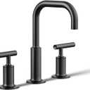 KOHLER K-14406-4-BL Purist Widespread Bathroom Sink Faucet, 3-Hole, Bathroom Faucets with Low Lever Handles and Low Gooseneck Spout, 1.2 GPM, Matte Black