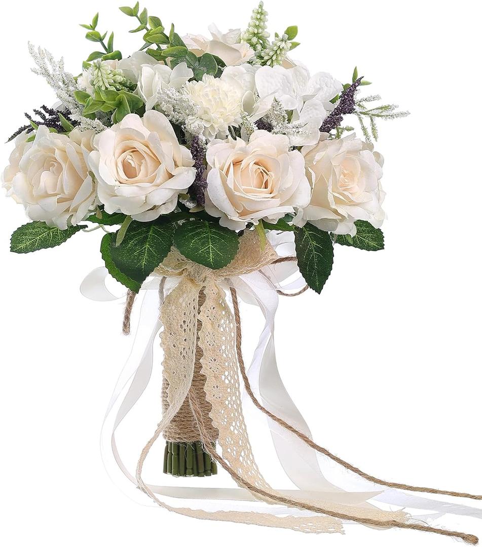 GLIDLION Wedding Bouquets Large for Bride Bridesmaid,White Champagne Artificial Roses Flowers for Wedding Church Decoration (9.5in)