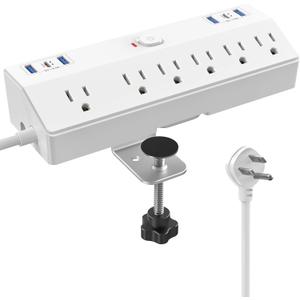 40W Fast Charging Station, Desk Clamp Power Strip, JXGUCAT Removable Desk Clamp Mount Power Strip Surge Protector, 2 USB-C Ports, 6 AC Outlets and 10ft Cord, Fits 1.8" Tabletop Edge (White)