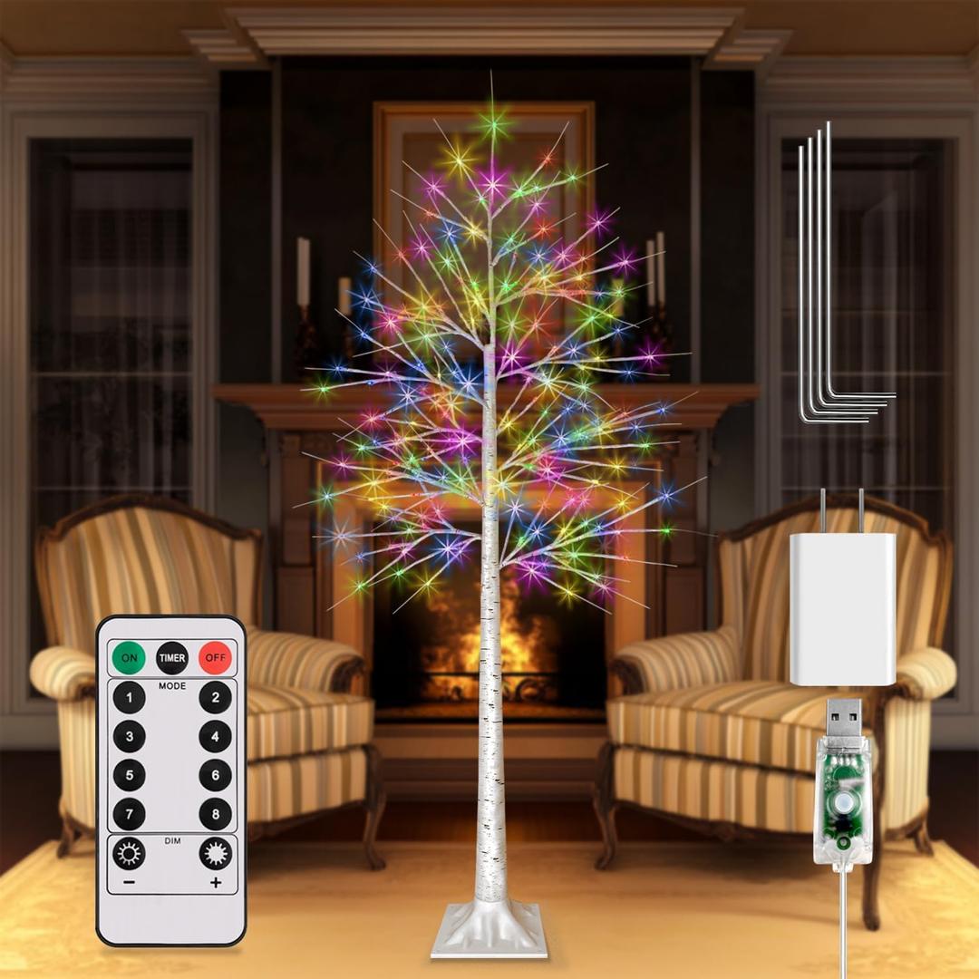 6FT Lighted Birch Tree, Birch Tree with 130 LED Lights, 8 Flash Modes and Timer, Light Up Twig Christmas Tree for Indoor Outdoor Home Party Garden Wedding Decorations (Warm White & Multicolor)
