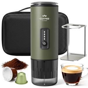 Portable Espresso Maker, 3 in 1 Coffee Maker Set with Carrying Bag and Coffee Stand, Coffee Machine Works with Ground Coffee & Capsule Pod, Self-Heating Brewer with USB-C for Travel, Hiking, Office, Forest Green