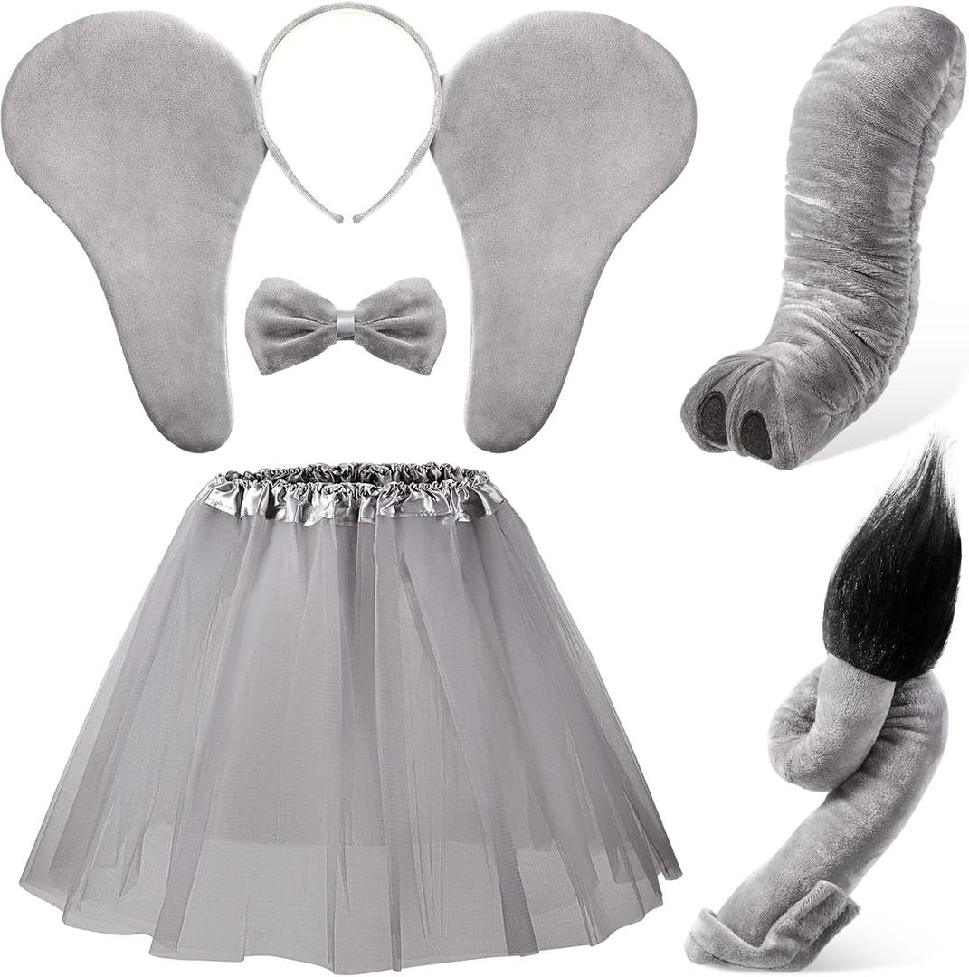 Haysandy Kids Elephant Costume Set Elephant Ears Headband Tail Bow Tie Tutu Skirt Nose Halloween Circus Costume Accessories (15.7 Inch, Delicate)