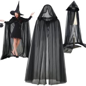 Maiteenly 2 Pcs Halloween Witch Cape for Women Black Lace Cape Costumes Set Lace Cloak with Oversized Hood and Black Pointed Witch Hat for Women Cosplay Party Costume