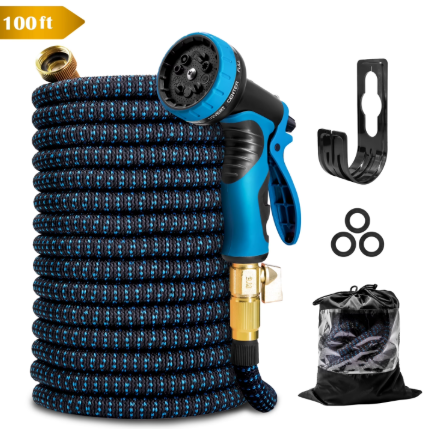 Kotto 100 ft Flexible Garden Hose, Water Hose for Outside with 10 Spray Nozzles, Brass Connector, Leak-Proof, Blue