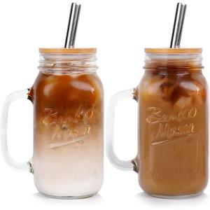 ANOTION Mason Jar with Lid and Straw, 24 oz Regular Mouth Mason Jars with Handle Drinking Glasses Tumbler Reusable Cups Smoothie Water Bottles for Iced Coffee (Classic 2 cups Style)