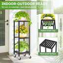 KMOTASUO 3 Tier Black Tall Plant Stand with Wheel for Indoor Outdoor, Heavy Duty Metal Multiple Large Planter Rack for Narrow Corner, Sturdy Iron Vertical Flower Holder for Modern House Patio Bathroom