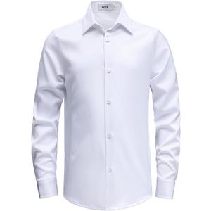 Boys Stretch Wrinkle Free Dress Shirts Button Down Shirt Long Sleeve Formal School Uniform Shirts (White)