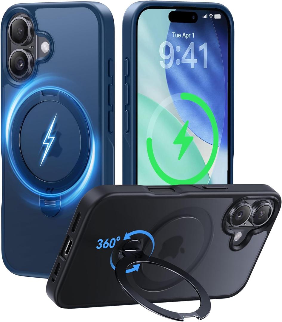 CASEKOO Patented 360 Spin Magnetic Stand for iPhone 16 Case [Military Drop Protection] [Non-Slip Edge] [Compatible with MagSafe] Shockproof Matte Translucent Slim for 16 Case 6.1'', Blue