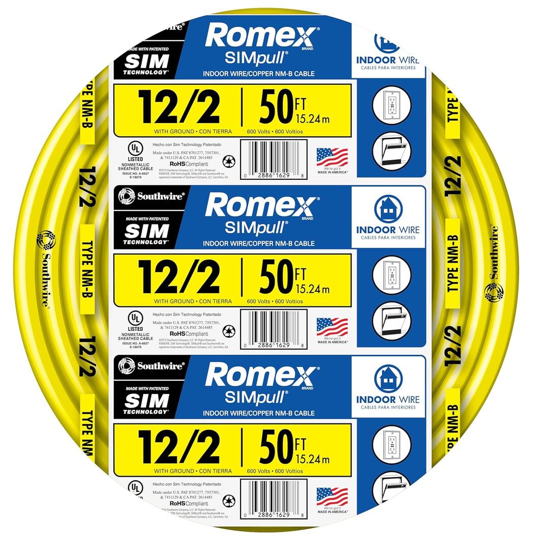 Southwire Romex Brand Simpull Solid Indoor 12/2 W/G NMB Cable 50ft coil - SW# 28828222