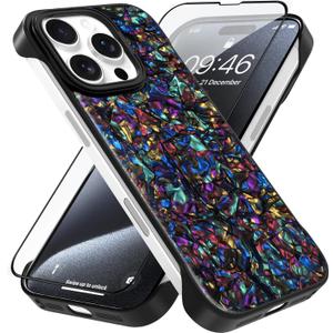 AIGOMARA Slim Frameless for iPhone 15 Pro Max Case with Screen Protector, Luxury Opalescent Pearl Minimalist Borderless Phone Case for Women Girls, Ultra-Thin Hard Shockproof Case Cover, Purple