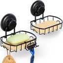 HASKO 2 Pack Suction Cup Soap Dish for Shower Wall, Rustproof Stainless Steel, Shower Soap Holder with Hooks, Includes Optional No Drill Adhesive Mount for Bathroom, 2 Soap Savers, Black