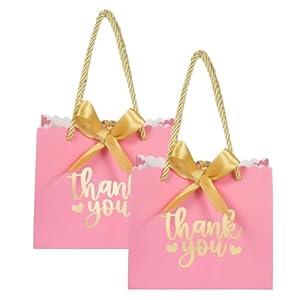 50 Pack Small Thank You Gift Bags with Handles, Black Mini Party Favor Bags 5.5''x 2.5''x4.7'', Mini Gift Bags Bulk with Bow Ribbon for Valentine's Day, Bridal, Wedding, Baby Shower