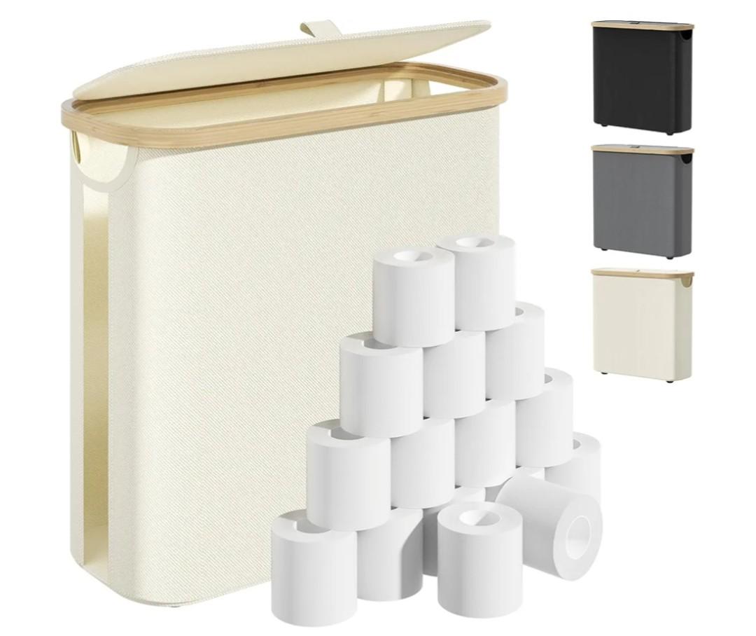 Toilet Paper Storage Basket with Lid and Handle, Foldable Toilet Paper Basket Organizer for Bathroom, Large Capacity Toilet Paper Holder with Storage for 12 Mega or 16 Regular Rolls, Beige