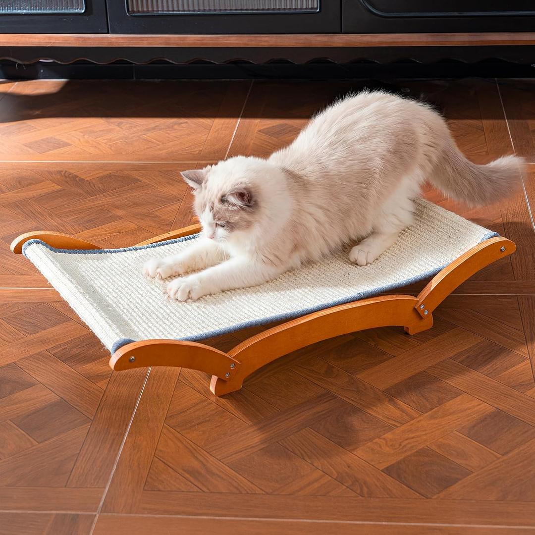 JUNSPOW Sisal Cat Scratcher Bed for Indoor Large Cats Lounger & Sleep, Natural Durable Cat Scratching Hammock Pad Board, Solid Wooden Kitten Chair Furniture Easy Assembly