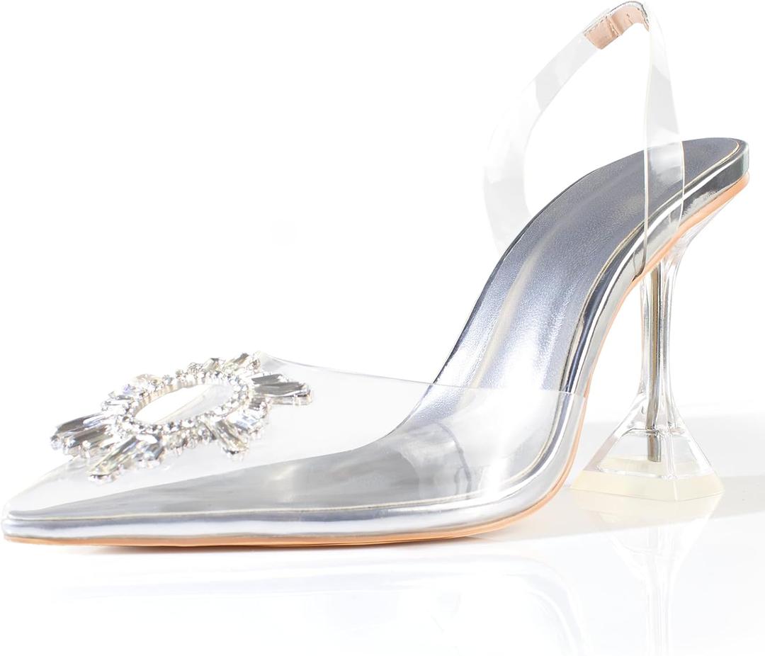 sarawill Women's Sexy Stiletto Pumps Pointed Toe Transparent PVC High Heels Crystal Rhinestones Slingback Party Wedding Shoes for Ladies Fashion (Gray, Size 6