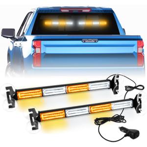 2 in 1 Emergency Strobe Traffic Advisor Light Bar Amber White Warning Hazard Safety Interior Windshield Dash Lights Emergency Lights for Trucks Construction 2x17.7, Amber/White